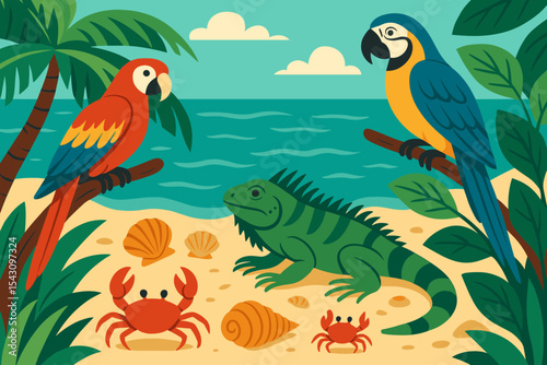Tropical Wildlife Haven. Vector illustration of tropical wildlife near the shore including parrots, iguanas, crabs, and seashells