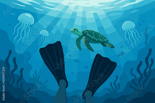 Underwater Adventure. Vector illustration of underwater view with jellyfish, sea turtle, sun rays piercing water, and snorkeling
