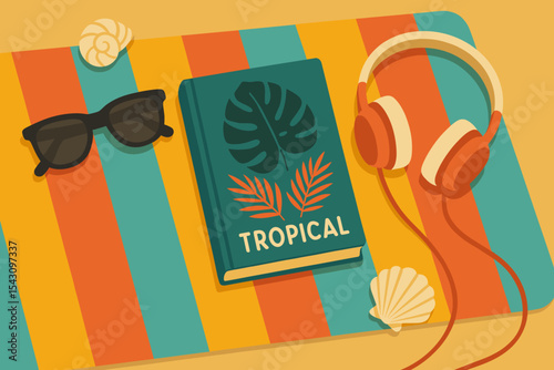Tropical Beach Essentials. Vector illustration of colorful beach towel flatlay with sunglasses, tropical book, headphones, and