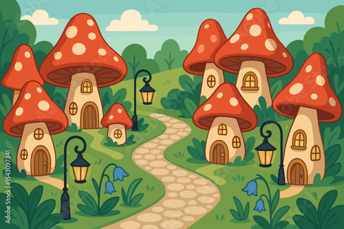Fairy Village Magic. Illustration in vector style of a tiny fairy village with mushroom houses, lantern posts, and cobblestone