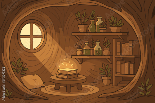 Cozy Tree Trunk Interior. Vector illustration of a hollow tree trunk with cozy interior, herbal shelves, glowing books, and window