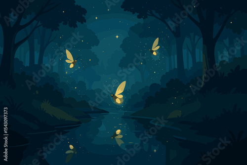 Magical Firefly Stream. Vector illustration of sparkling fireflies over a forest stream with reflections on water and magic in the