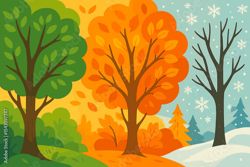 Seasons Transition in Forest. Vector illustration of a forest with shifting seasons — summer leaves blending into fall foliage,