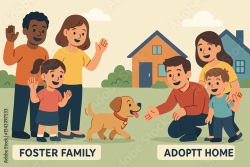 Puppy's Forever Home. Vector illustration of foster family waving goodbye as adopted puppy goes to forever home with a happy