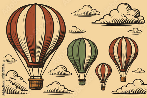 Vintage Hot Air Balloons. Vector illustration of vintage-style balloons with classic stripes, wicker baskets, and old-fashioned