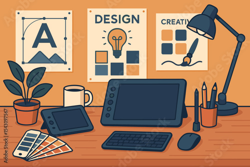 Creative Studio Corner. Vector illustration of creative studio corner with graphic tablets, color swatches, and design posters