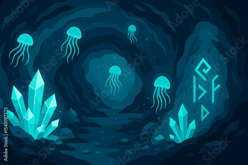 Enchanted Underwater Cave. Vector illustration of a glowing underwater cave filled with crystals, jellyfish, and ancient runes
