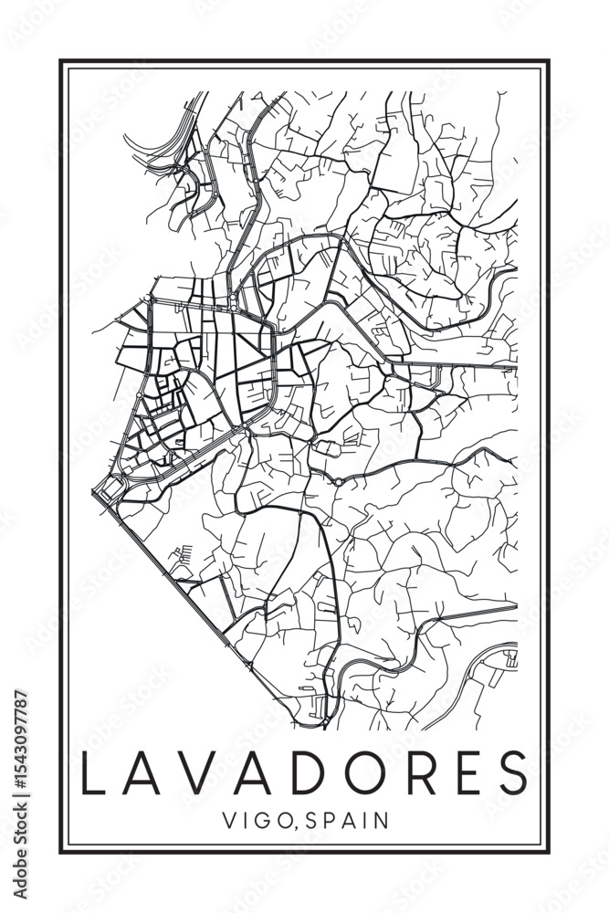 Fototapeta premium Hand drawn printable downtown road map poster of district LAVADORES of the Spanish city of VIGO on solid white background with city name