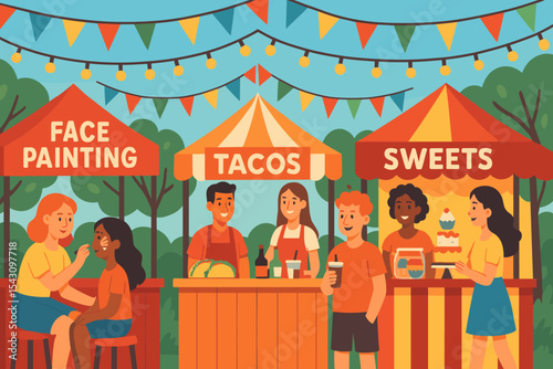 Festival Food Market. Vector illustration of festival-style food market with banners, flags, face painting, and vibrant stalls