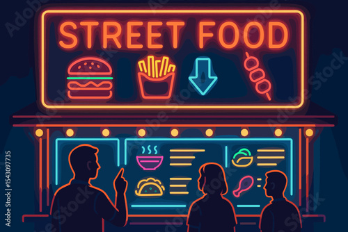 Neon Street Food Scene. Vector illustration of neon-lit street food signboard with menus, lights, and people choosing dishes