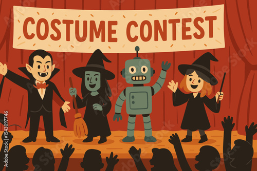 Costume Contest Extravaganza. Vector illustration of costume contest scene with vampires, witches, robots, and cheering audience