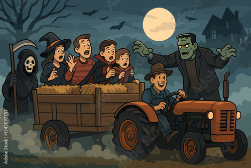 Haunted Hayride Adventure. Vector illustration of haunted hayride scene with costumed actors, fog effects, and bumpy tractor ride