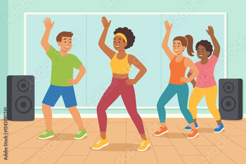Vibrant Dance Fitness Class. Vector illustration of dance fitness class with mirrors, speakers, bright outfits, and fun