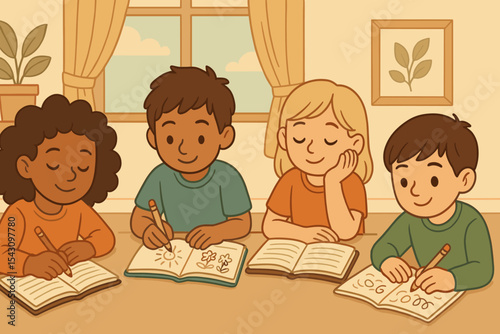 Kids Journaling Time. Vector illustration of quiet writing time with kids journaling, doodling, and reflecting in their notebooks