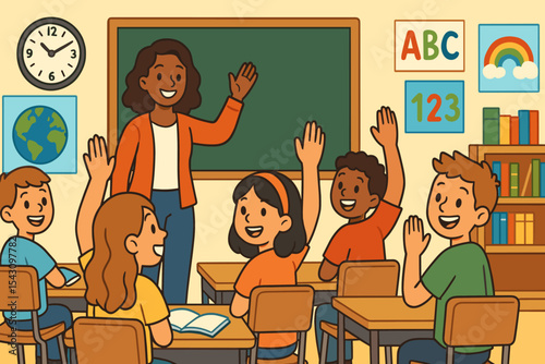 Energetic Classroom Scene. Vector illustration of cheerful classroom with students raising hands, teacher smiling, and colorful