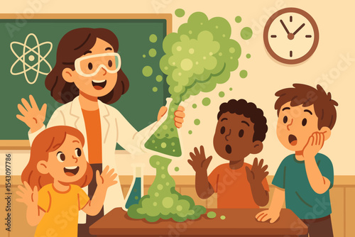 Classroom Science Experiment. Vector illustration of science demo in classroom with teacher in goggles and students reacting to