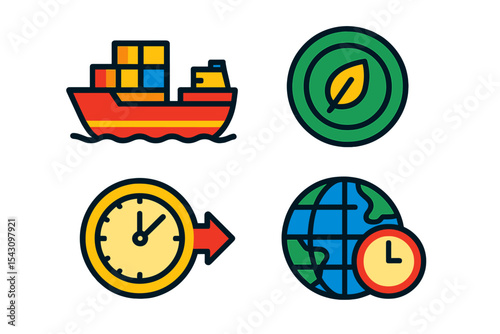 Eco Shipping Icons. Isometric flat vector illustration of a transoceanic shipping line advertisement with eco shipping badge and