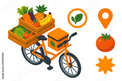 Organic Grocery Bike. Isometric flat vector illustration of an organic grocery delivery bike with crates of fresh produce and