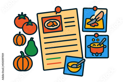 Recipe Icons Collection. Isometric flat vector illustration of a recipe concept board with photos, seasonal ingredients, and