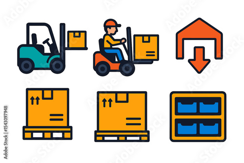 Forklift Icon Design. Isometric flat vector illustration of a forklift operator stacking labeled pallets with warehouse signage