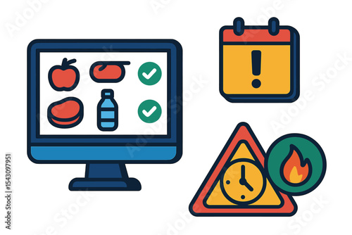 Digital Inventory Icons. Isometric flat vector illustration of a digital inventory system for perishable items with expiry dates