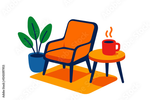 Cozy Coffee Nook. Isometric flat vector illustration of a cozy coffee corner with lounge chair, side table, and potted plant
