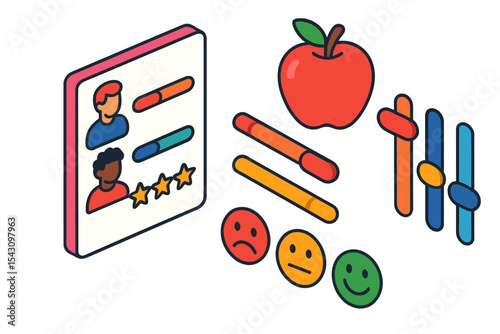 Feedback Form Icons. Isometric flat vector illustration of a feedback form filled out by tasters with flavor score sliders and