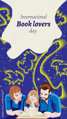 Father, mother and daughter read book. Magical starry sky with dinosaurs. International Book Lovers Day. Vertical template. Vector illustration.