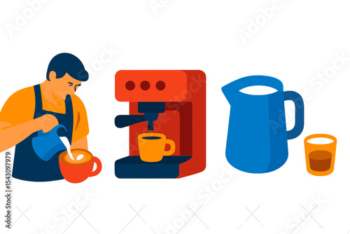 Barista Icon Design. Isometric flat vector illustration of a barista pouring latte art at the espresso machine with milk jug and