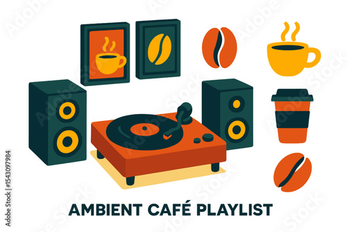 An image of a record player and speakers with a coffee cup and a cup of coffee