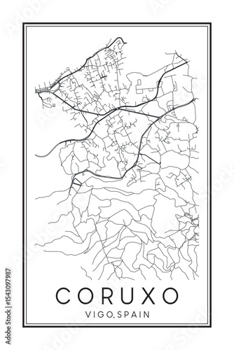 Hand drawn printable downtown road map poster of district CORUXO of the Spanish city of VIGO on solid white background with city name
