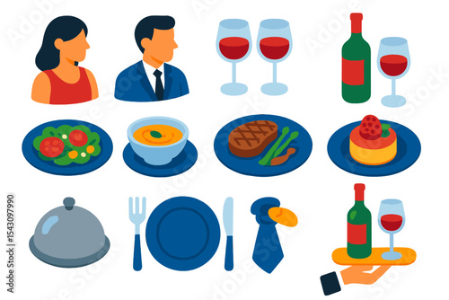 Fine Dining Icons. Isometric flat vector illustration of a couple enjoying a fine dining experience with multiple courses and wine