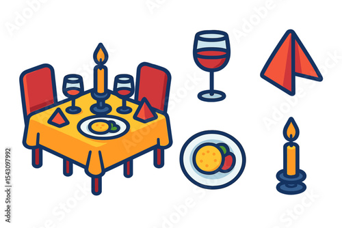 Candlelit Dining Icons. Isometric flat vector illustration of a candlelit fine dining table setup with wine glasses, folded
