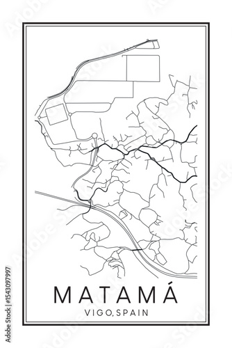 Hand drawn printable downtown road map poster of district MATAMÁ of the Spanish city of VIGO on solid white background with city name
