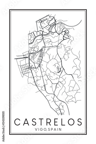 Hand drawn printable downtown road map poster of district CASTRELOS of the Spanish city of VIGO on solid white background with city name