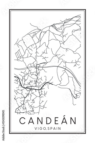 Hand drawn printable downtown road map poster of district CANDEÁN of the Spanish city of VIGO on solid white background with city name