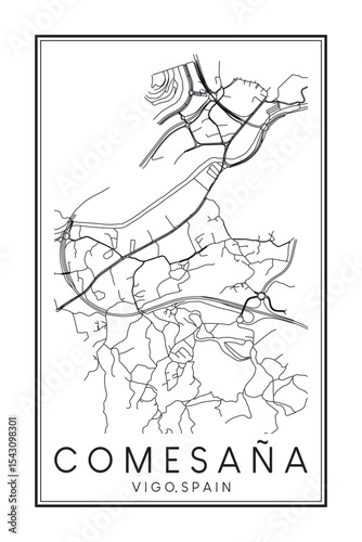 Hand drawn printable downtown road map poster of district COMESAÑA of the Spanish city of VIGO on solid white background with city name