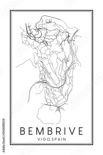 Hand drawn printable downtown road map poster of district BEMBRIVE of the Spanish city of VIGO on solid white background with city name