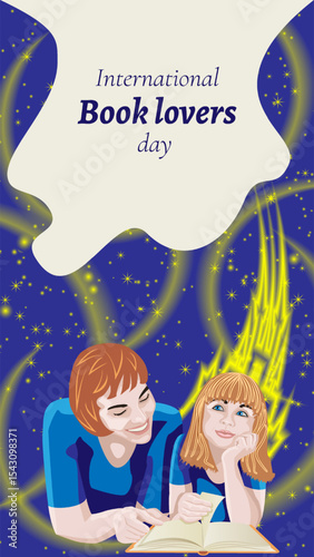 Mother and daughter read together book. Night sky with castle and magic light. International Book Lovers Day. Vertical isolated vector illustration.