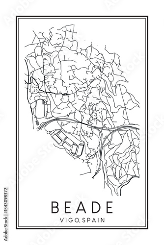 Hand drawn printable downtown road map poster of district BEADE of the Spanish city of VIGO on solid white background with city name