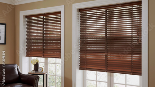 A high-quality interior photograph of two brown wooden venetian blinds mounted on white-framed windows