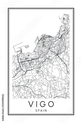 Hand drawn printable downtown road map poster of the Spanish city of VIGO on solid white background with city name