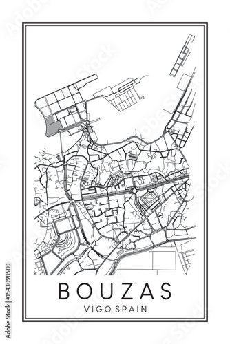 Hand drawn printable downtown road map poster of district BOUZAS of the Spanish city of VIGO on solid white background with city name