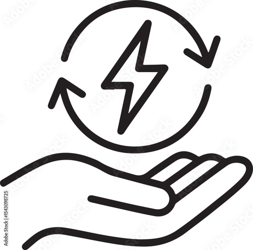 Black Line Art Icon Hand Holding Circular Energy Symbol