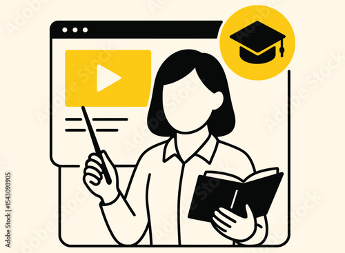 Online Teacher Illustration Female Educator with Pointer and Book for E-Learning and Webinar Vector