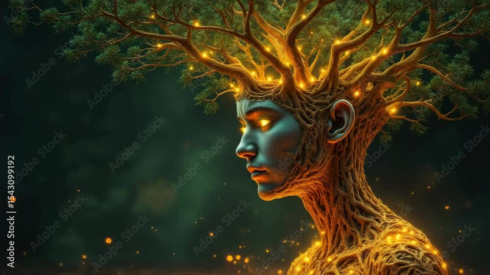 A human figure with a tree-like head, radiating light and nature. A human figure with a tree-like head, radiating light and nature.