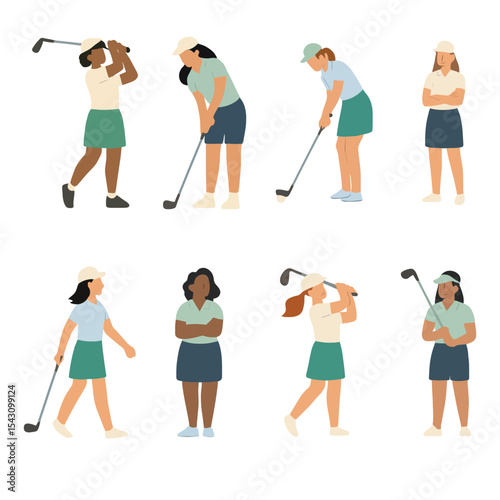 Diverse Female Golfers Vector Set – Flat Style Women Playing Golf in Different Poses