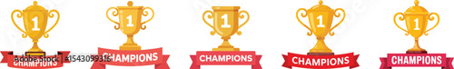 Five Gold Champion Trophies with Red Ribbons gold trophy