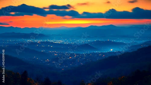A breathtaking sunset over a mountainous landscape with twinkling city lights below