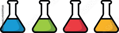Four Erlenmeyer Flasks Filled with Blue Green Red and Yellow Liquids